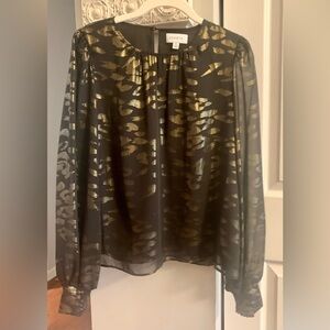 Evereve Black and Gold Metallic Patterned Blouse With Sheer Long Sleeves